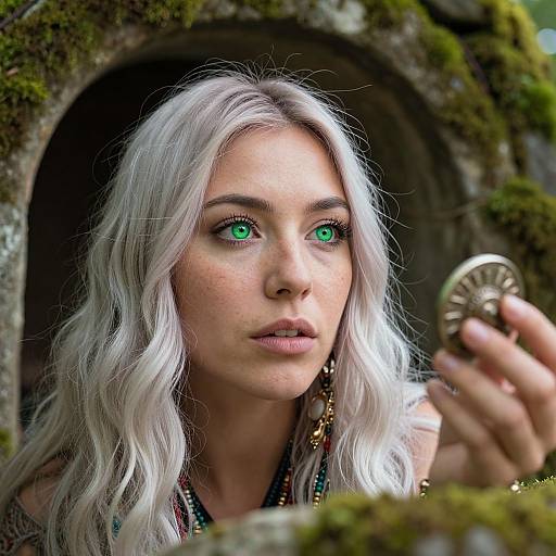 Photograph of a white woman with long, wavy silver hair, glowing green eyes, and freckles, holding a coin-shaped object, framed