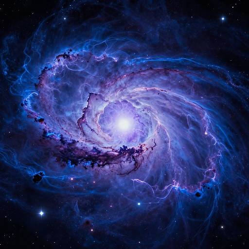 Photograph of a swirling, luminous galaxy with vibrant blue, purple, and white energy tendrils spiraling around a bright core in a dark,