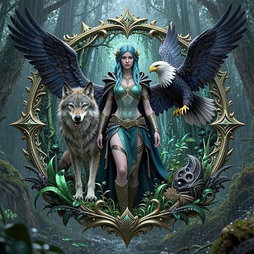 Digital fantasy artwork: Blue-haired warrior with wings, gold armor, surrounded by wolf, eagle, and mystical mask, set in a rainforest.