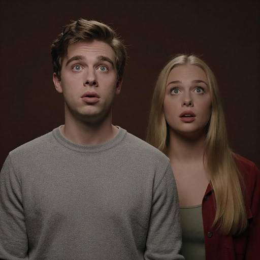 Surprised young couple looking up