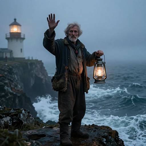 Mysterious Lighthouse Keeper at Dusk