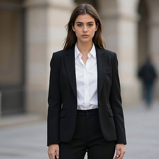 Photograph of a confident young woman with long dark hair, wearing a black blazer and white shirt, standing in a blurred urban street setting.