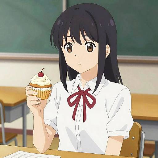 Anime Girl Holding Cupcake in Classroom