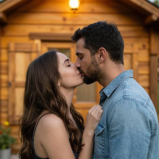 Photograph of a brown-haired woman and bearded man kissing passionately in front of a wooden cabin, both wearing denim shirts.