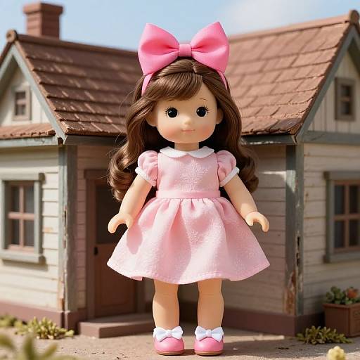 Photograph of a Blythe-style doll with long brown hair, pink bow, pink dress, white shoes, standing in front of a rustic,