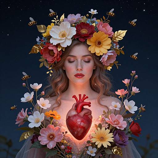Digital art of a woman with wavy brown hair, wearing a floral crown and dress, holding a glowing heart surrounded by flowers, against a starry