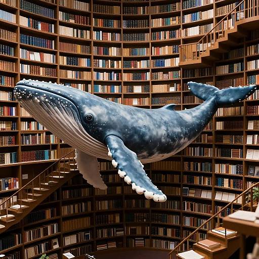 Photograph of a giant, blue, whale sculpture with white spots, suspended in a circular, wooden bookshelf-filled library with stairs.