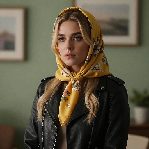 Serious Woman in Floral Headscarf Portrait