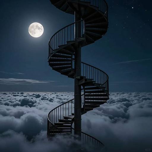Nighttime photograph of a dark, spiral metal staircase rising through a sea of clouds, illuminated by a bright full moon.