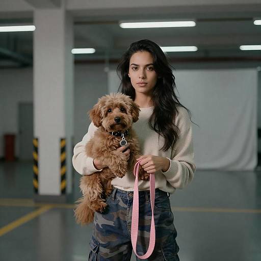 Woman Holding Dog in Fluorescent Space