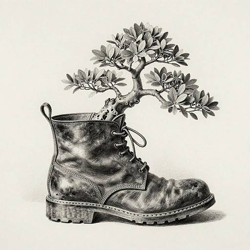 Ink drawing of a leather boot with laces, sprouting a small bonsai tree from the top. Detailed texture and shading.