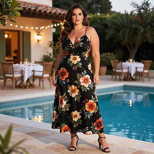 Photograph of a curvy woman with long dark hair in a black floral dress and black heels, standing by an outdoor pool at a warmly lit evening