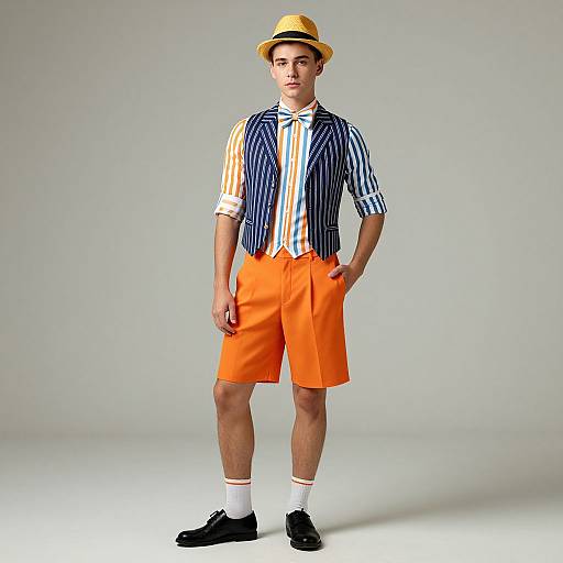 Photograph of a young man in a yellow hat, blue-striped shirt, orange shorts, white socks, and black shoes, standing against a plain gray