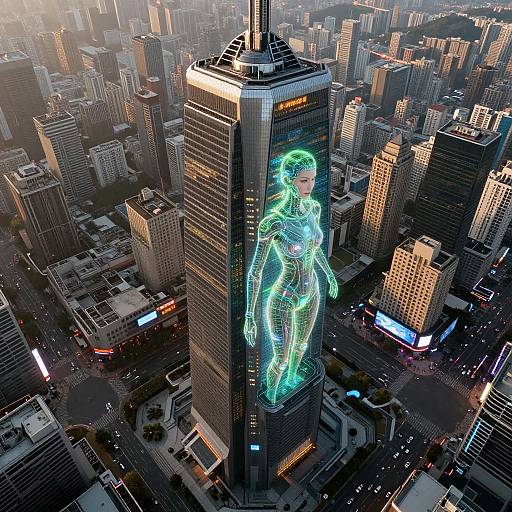 Digital CGI image of a neon-lit, glowing woman standing on a towering skyscraper in a dense, futuristic cityscape at dusk.
