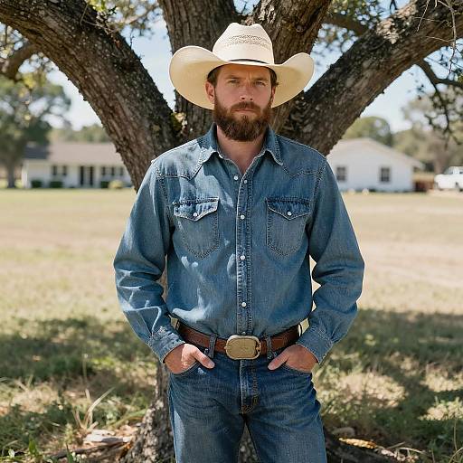 Bearded Man in Cowboy Attire Outdoors
