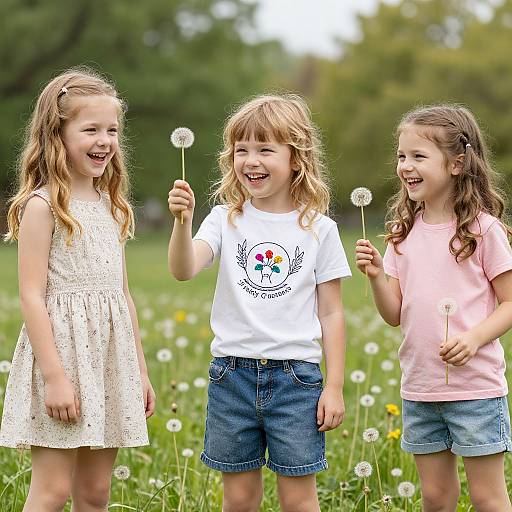 Photograph of three smiling young girls with dandelions, standing in a grassy field; two in white and pink shirts, one in a white