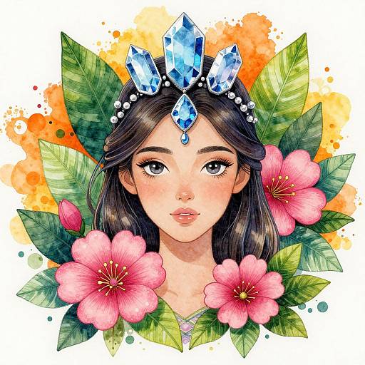 Digital watercolor portrait of a young woman with long black hair, blue crystal crown, surrounded by pink flowers and green leaves.