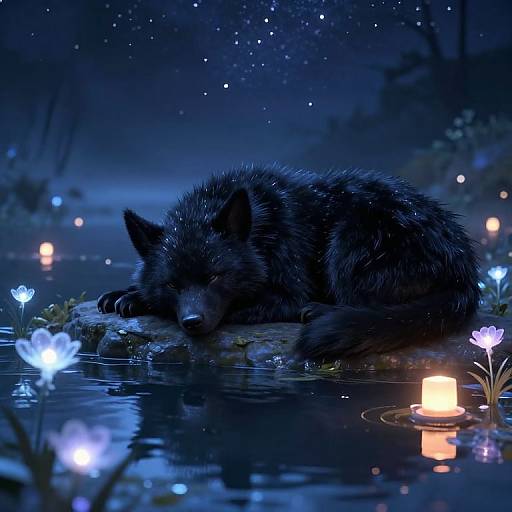 Digital painting of a black wolf sleeping on a rock in a moonlit, starry pond, surrounded by glowing candles and blue flowers.