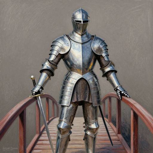 Photorealistic digital painting of a medieval knight in full silver armor, standing on a red wooden bridge, holding a sword in each hand, with a
