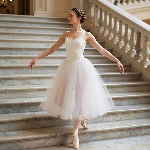 Photograph of a graceful ballerina in a white tutu and pointe shoes, dancing on marble stairs with ornate railings in a sun