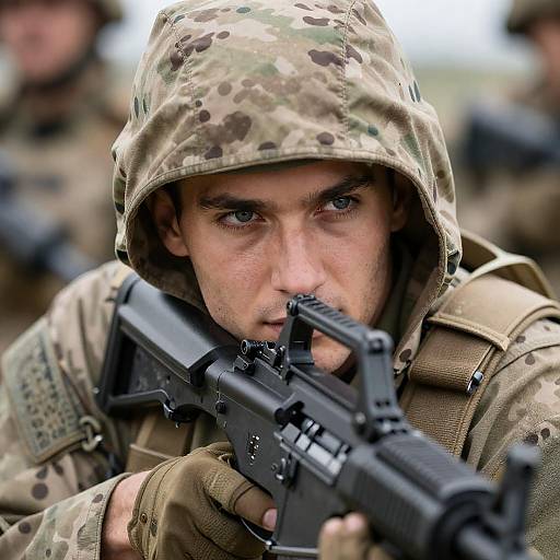 Hooded Soldier's Intense Blue Gaze