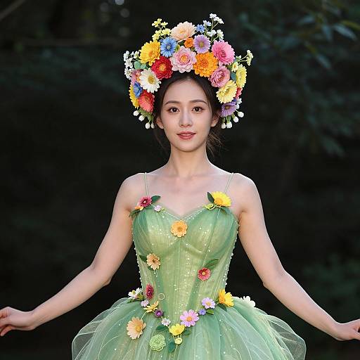 Photograph of an Asian woman in a green floral dress adorned with colorful flower petals, wearing a vibrant flower crown, against a dark forest background.