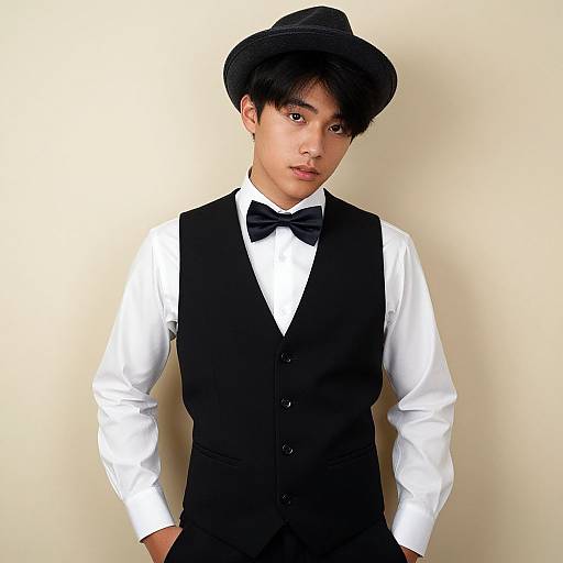 Young Asian man in formal black vest, white shirt, black bow tie, and black flat cap, standing against a plain beige background.
