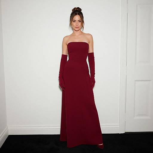 Photograph of a woman in a strapless, floor-length, deep red gown and matching elbow-length gloves, standing against a white wall and door.