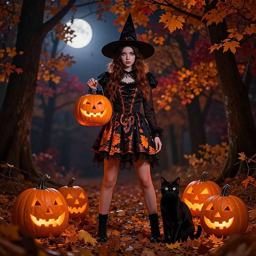 Photograph of a Halloween-themed scene: a witch girl with long brown hair, black dress, hat, holding a pumpkin, surrounded by glowing jack-o