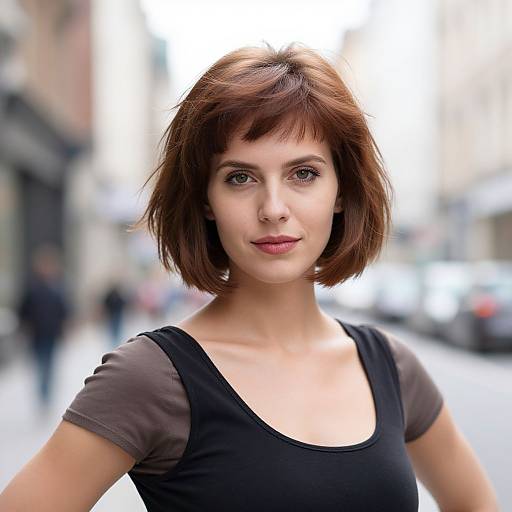 Photograph of a young woman with short brown hair, wearing a black and brown top, standing on a blurred city street.