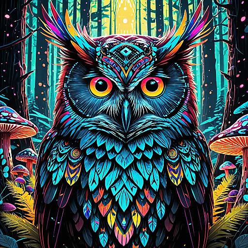 Psychedelic Cybernetic Owl in Neon Forest