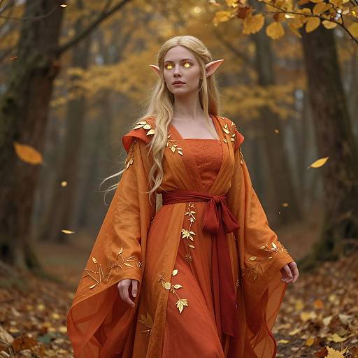 Digital fantasy artwork of a blonde elf woman with pointed ears, wearing an orange autumnal dress, standing in a forest filled with falling yellow leaves.