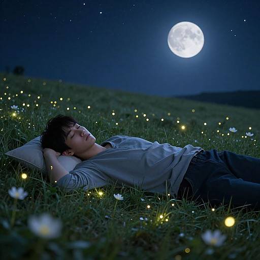 Young man with closed eyes, lying on grass under a full moon, surrounded by glowing fireflies and daisies, in a starry night sky
