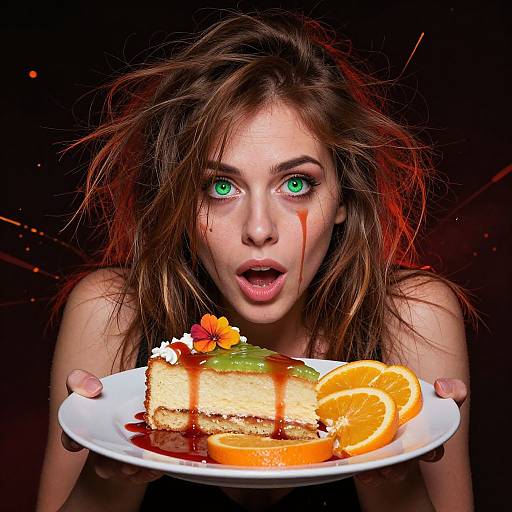 Photograph of a shocked woman with green eyes and messy brown hair, holding a plate with a slice of cake, orange slices, and syrup, blood