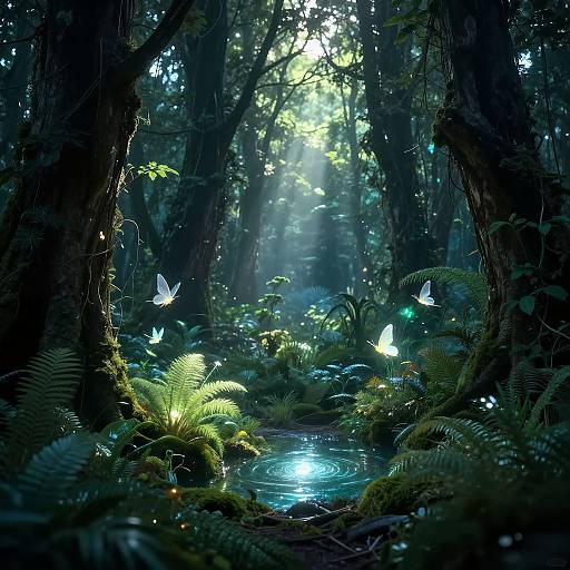 Digital fantasy artwork of a mystical forest with glowing white butterflies, ferns, and a moonlit stream, bathed in ethereal sunlight.