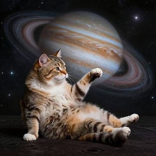 Photorealistic digital art of a tabby cat with orange and white fur, sitting on a dark surface, paw raised, gazing at a detailed