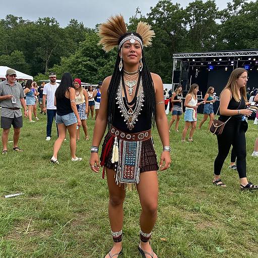 Photograph of a Native American woman with tan skin, black sleeveless top, feathered headdress, beaded skirt, standing on grass at outdoor