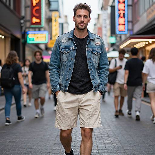 Photograph of a handsome man with curly brown hair, wearing a distressed denim jacket, black t-shirt, and white shorts, walking down a busy,