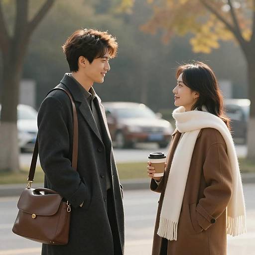 Young Couple Chatting Outdoors on Autumn Day