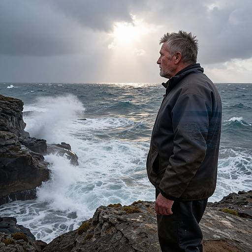 Photograph of a bearded, gray-haired man in a dark jacket, standing on rocky coastline, observing turbulent ocean waves under cloudy sky.