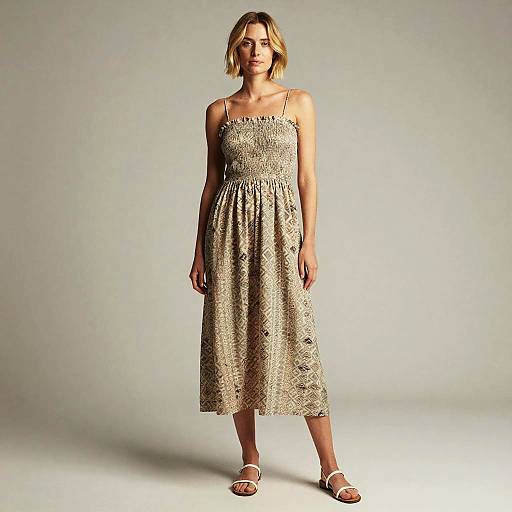 Photograph of a blonde woman with shoulder-length hair, wearing a beige, patterned, sleeveless dress with thin straps and white sandals, standing against