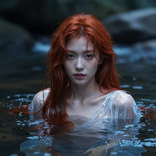 Photograph of a pale-skinned, red-haired woman with wet hair, wearing a transparent plastic top, standing in dark, rippling water.