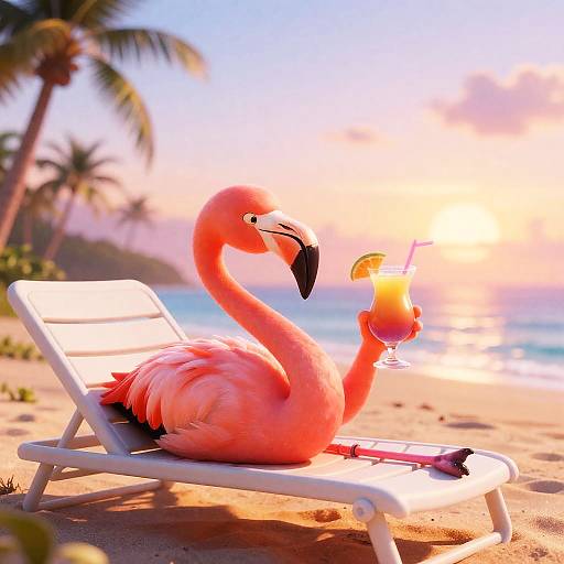 Happy Flamingo on Tropical Sunrise Beach