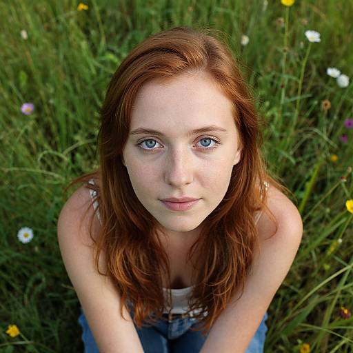 Photograph of a young woman with fair skin, red hair, and blue eyes, kneeling in a grassy field with small flowers, looking directly at