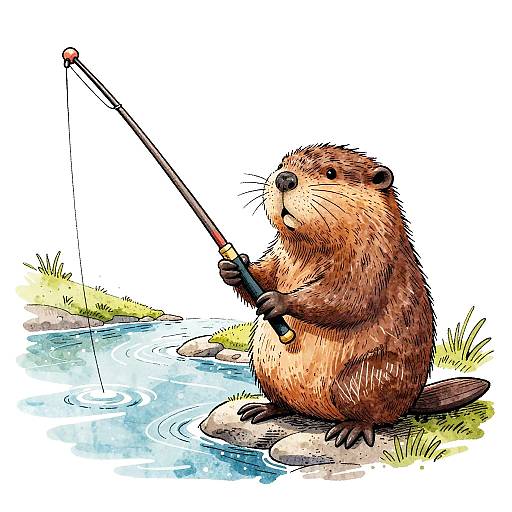 Whimsical Beaver Fishing Illustration