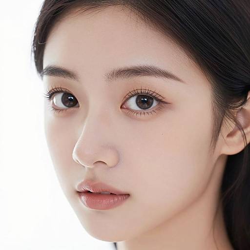 Close-up photograph of an East Asian woman with fair skin, dark brown eyes, and straight black hair, against a bright white background.