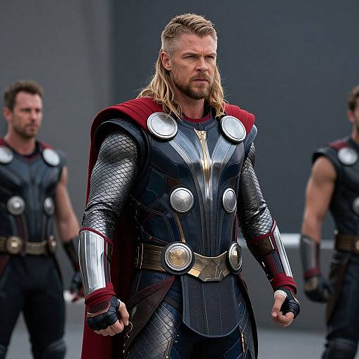 Photograph of Chris Hemsworth as Thor in dark, shiny armor with silver discs, red cape, and muscular physique, standing confidently with two blurred men