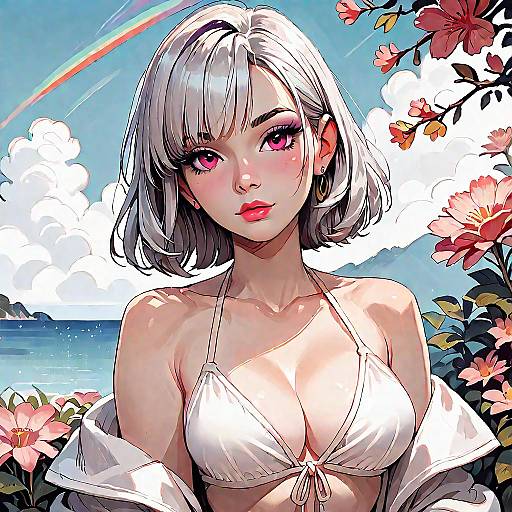 Cute Anime Girl in Silver Bikini Art