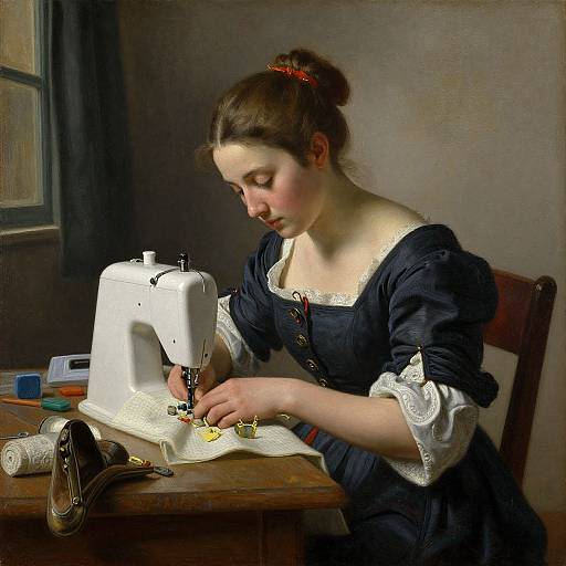 Photograph-style painting of a young woman with fair skin and brown hair in a bun, sewing on a white sewing machine in a dimly lit room