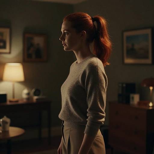 Photograph of a red-haired woman in profile, wearing glasses and a light gray sweater, standing in a dimly lit room with a lamp and framed